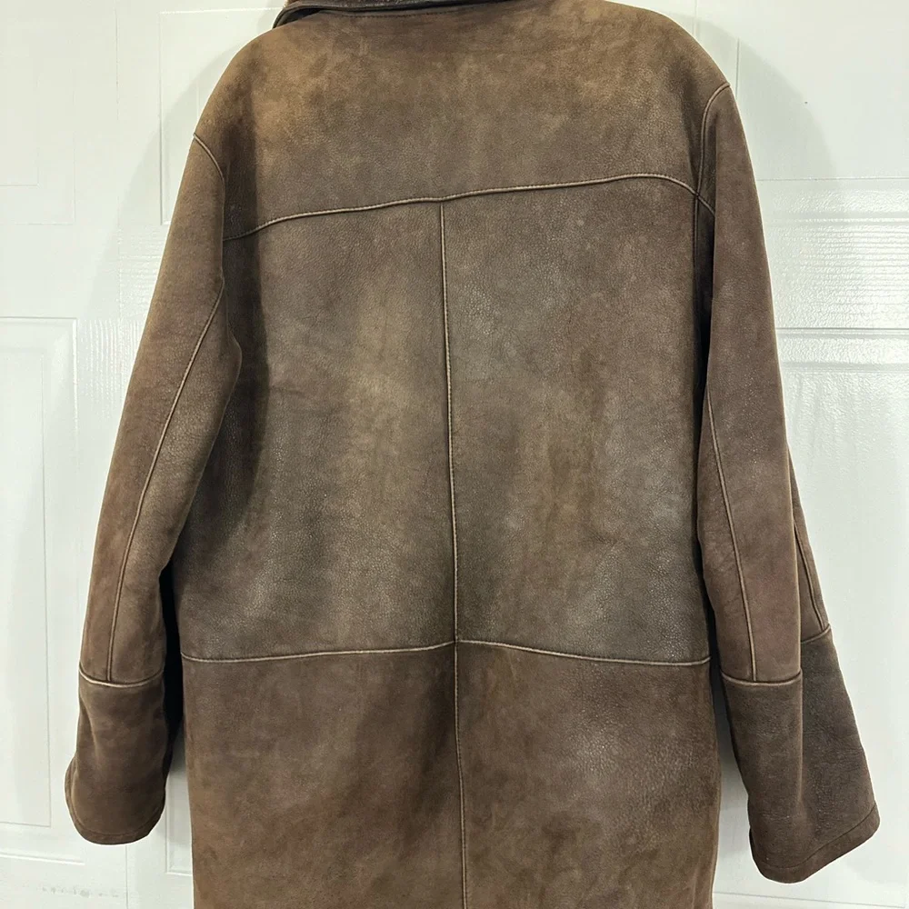 Men's Brown Shearling Pea Coat - Picture 6 of 9